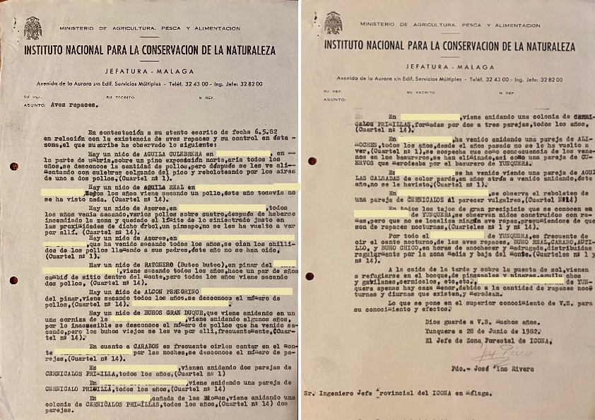 Oficio de 28/06/1982, informando sobre existencia y nidificación de rapaces en los montes de Yunquera (Málaga).